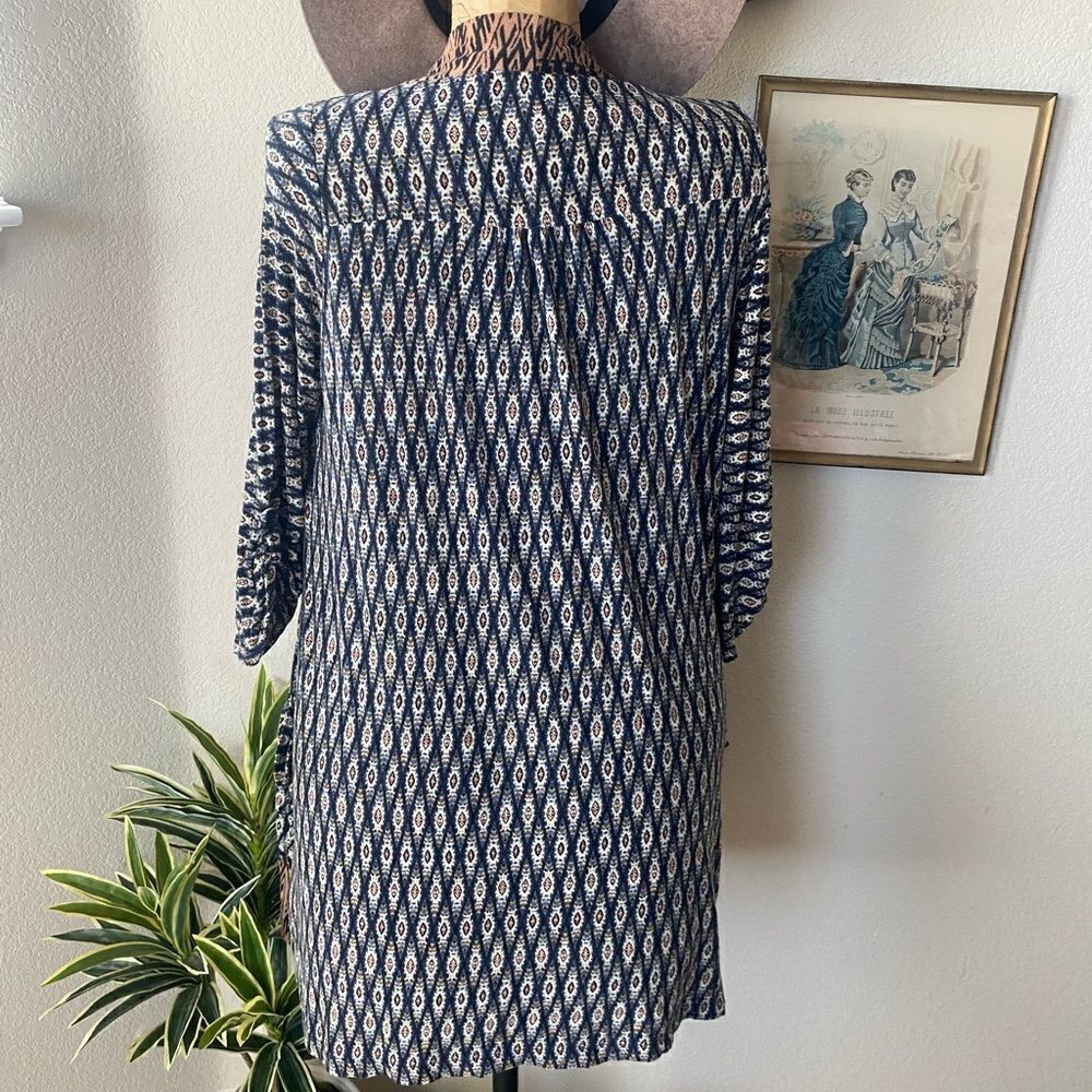 Olive Tree Boho Blue Tan Open Front Duster Cardigan sz M - Picture 3 of 7